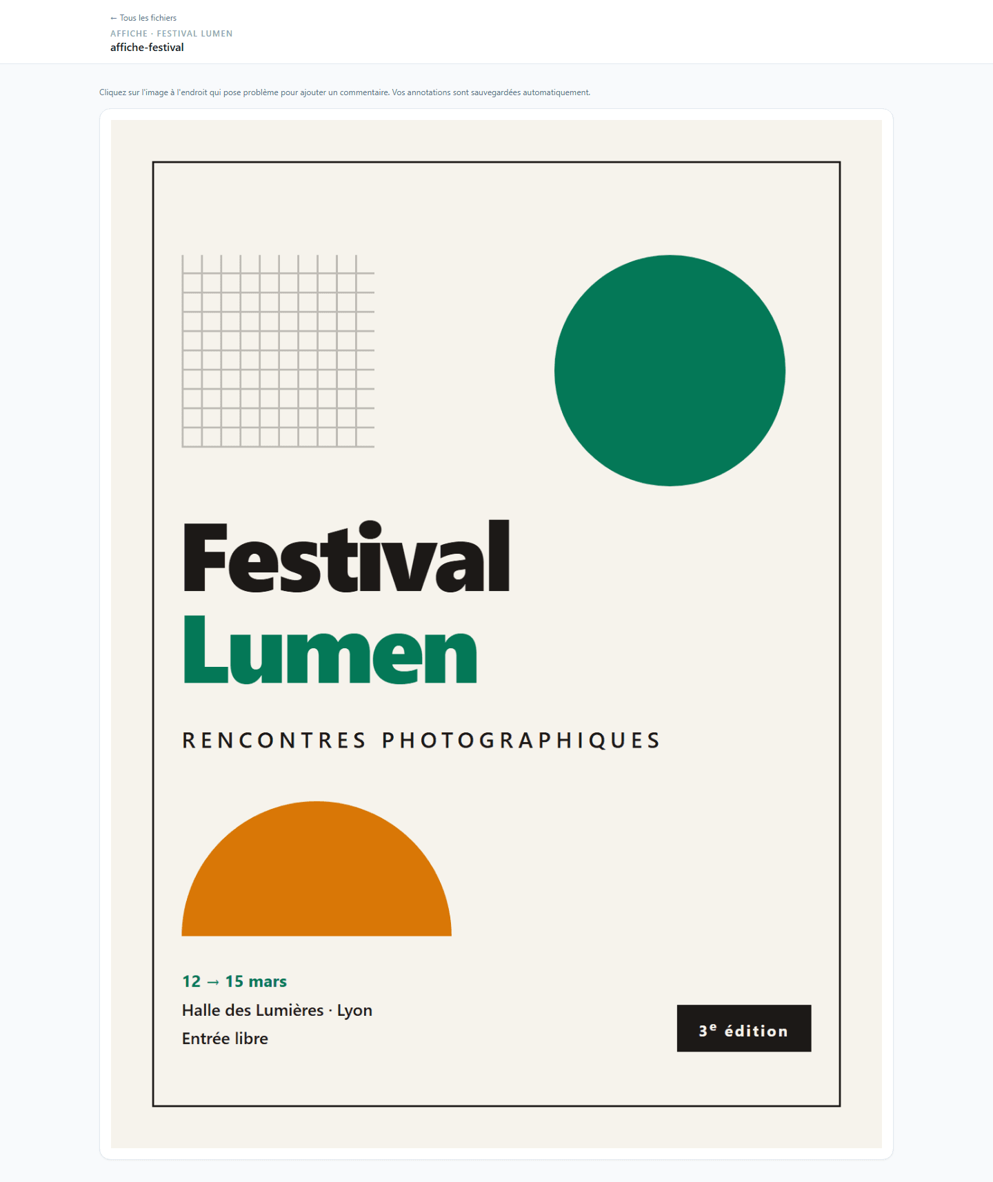 Vue de relecture annot.me : une affiche ouverte via un lien public, prête à être annotée d'un clic