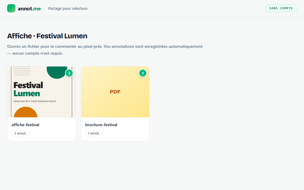 Galerie de relecture publique d'annot.me : le projet « Affiche · Festival Lumen » avec deux fichiers annotés et le badge « Sans compte »