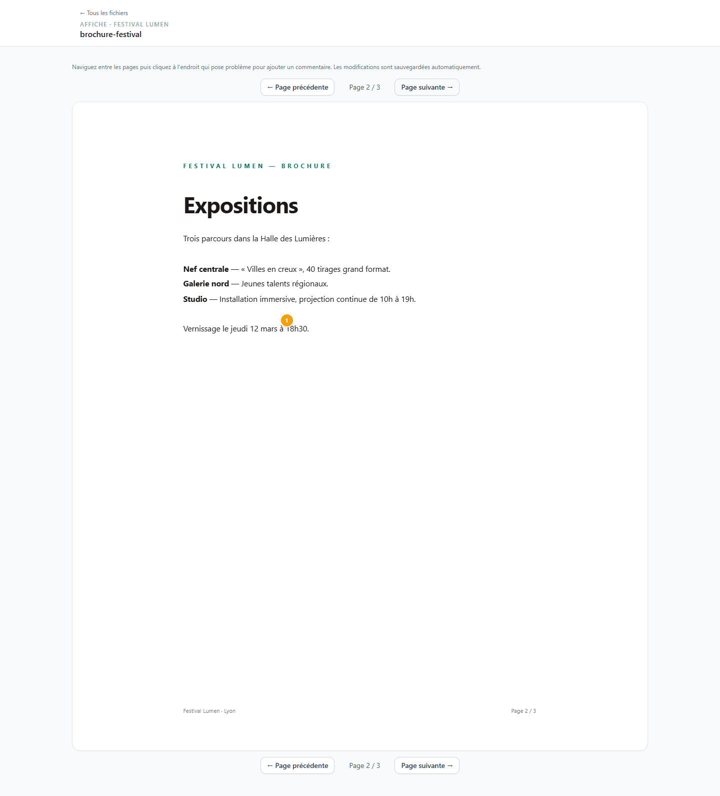 Relecture d'un PDF multi-pages dans annot.me : pagination « Page 2 / 3 » et annotation posée sur la page affichée